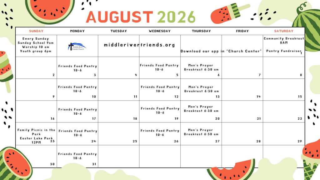 Green Red Modern Simple Illustrated Watermelon August 2026 Monthly Calendar
